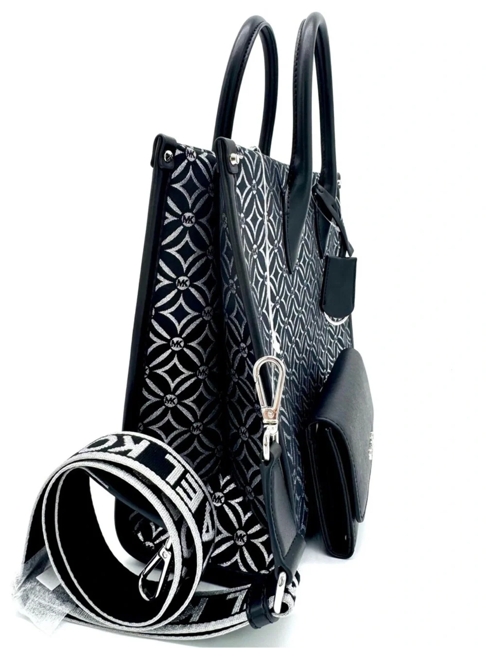 Michael Kors Medium Mirella Tote Bag & Large Trifold Wallet - Black /Silver